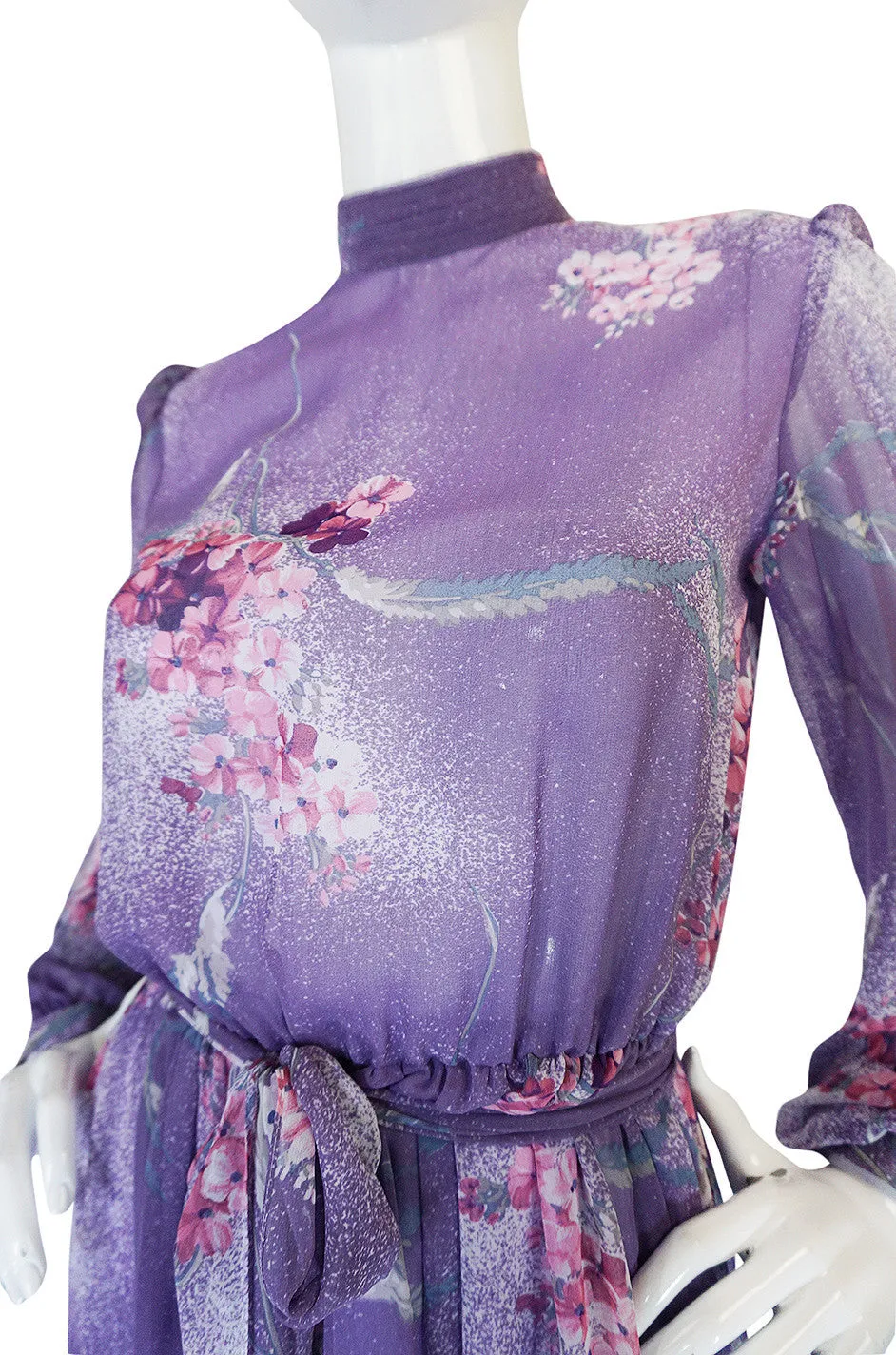 1970s Hanae Mori Romantic Pale Purple Print Chiffon Dress