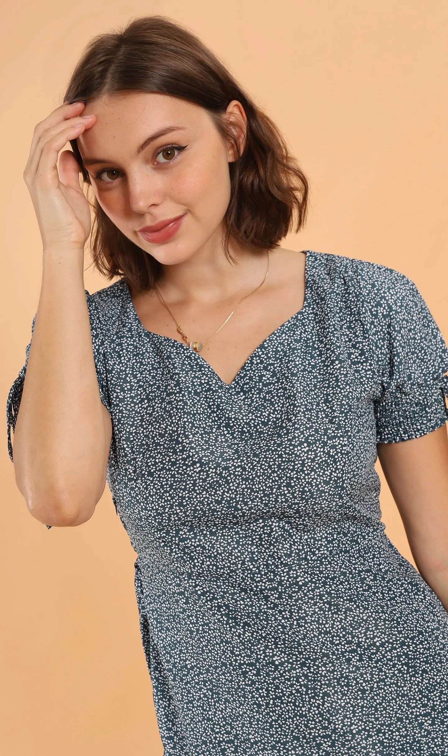 AMAYA Tie-Sleeve Printed Dress (Green)