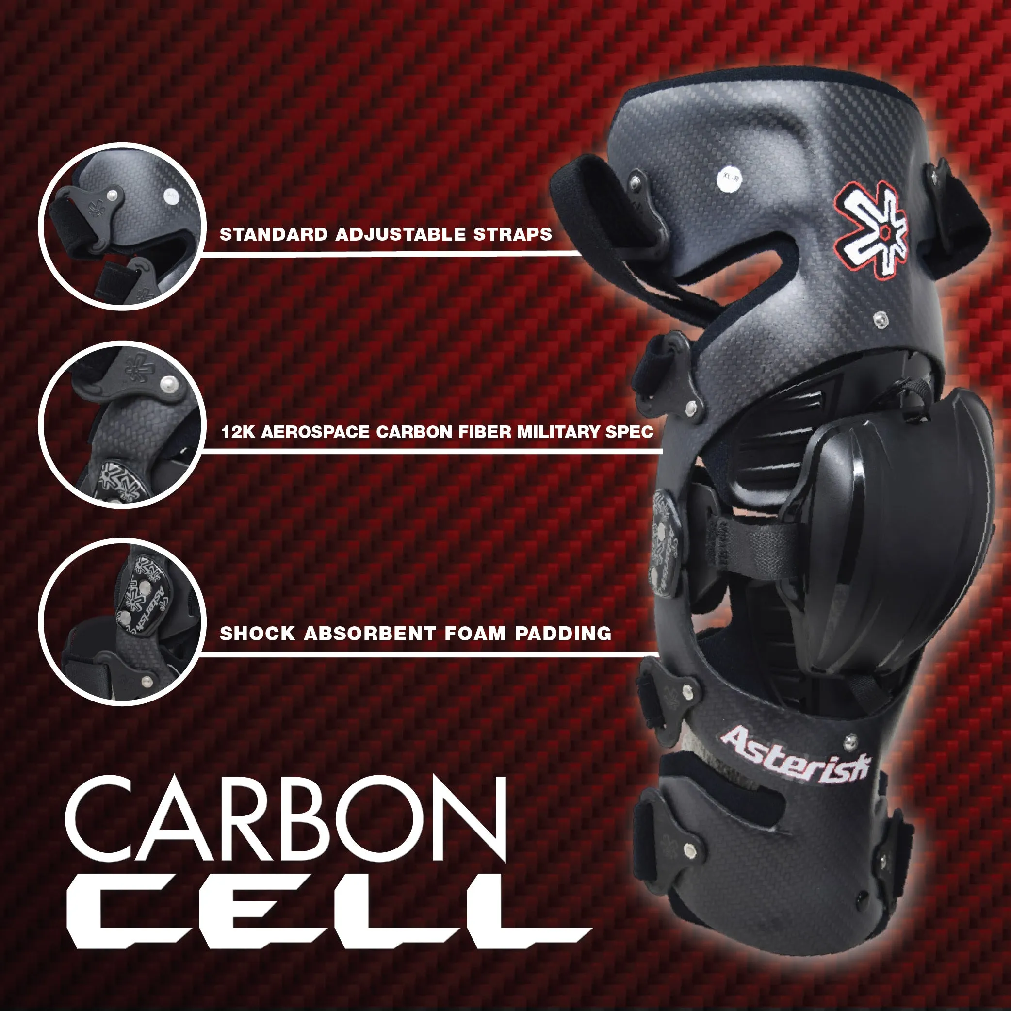 Asterisk Carbon Cell One - Advanced Knee Protector Brace (Left Only) for Motocross, Snowboarding, Wakeboarding, Off-Roading, Football & More - Size Medium