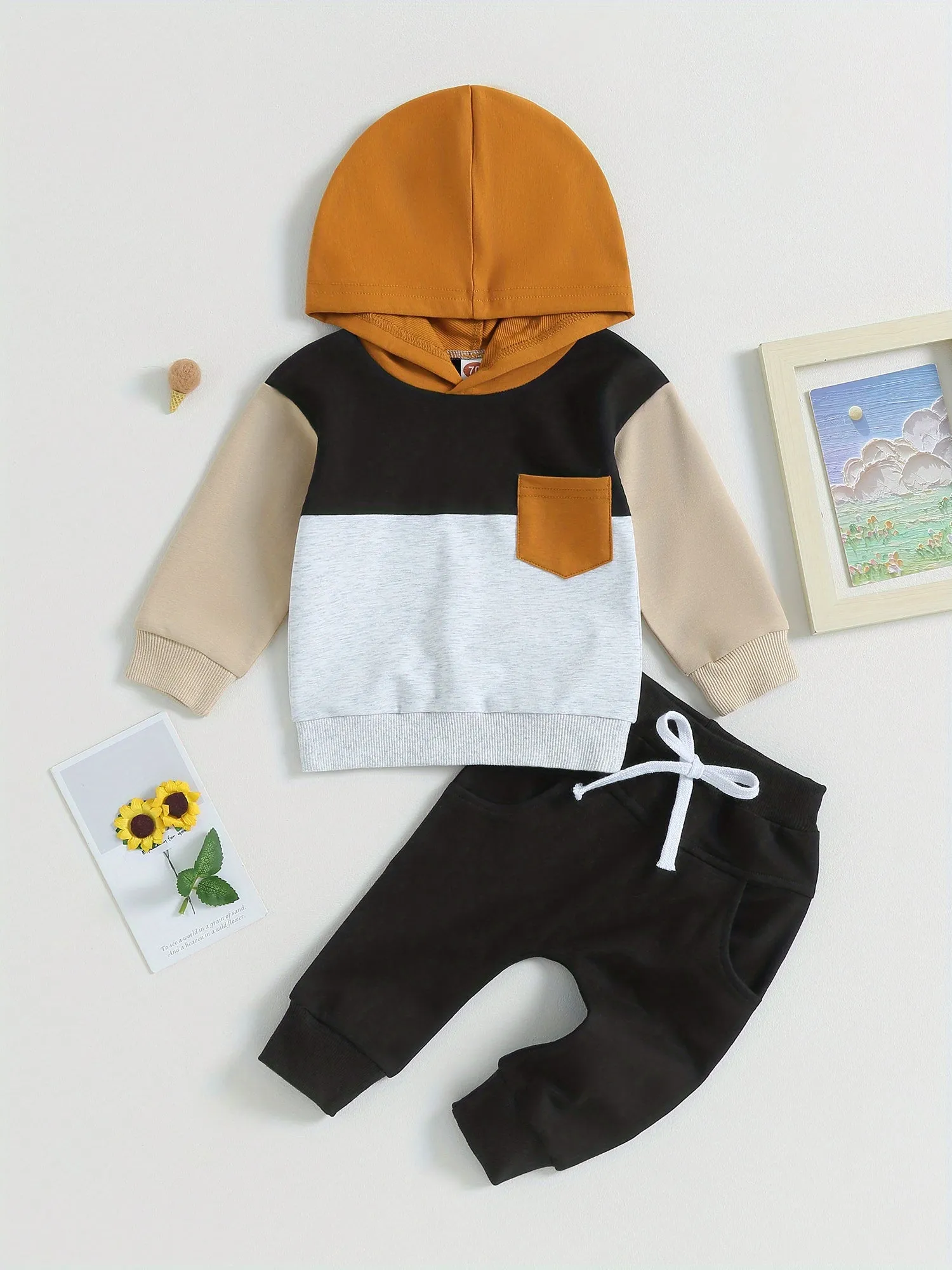 Baby Boys 2 Piece Outfits Contrast Color Knitted Long Sleeve Hoodie Sweatshirt and Elastic Pants Spring Clothes for Toddler