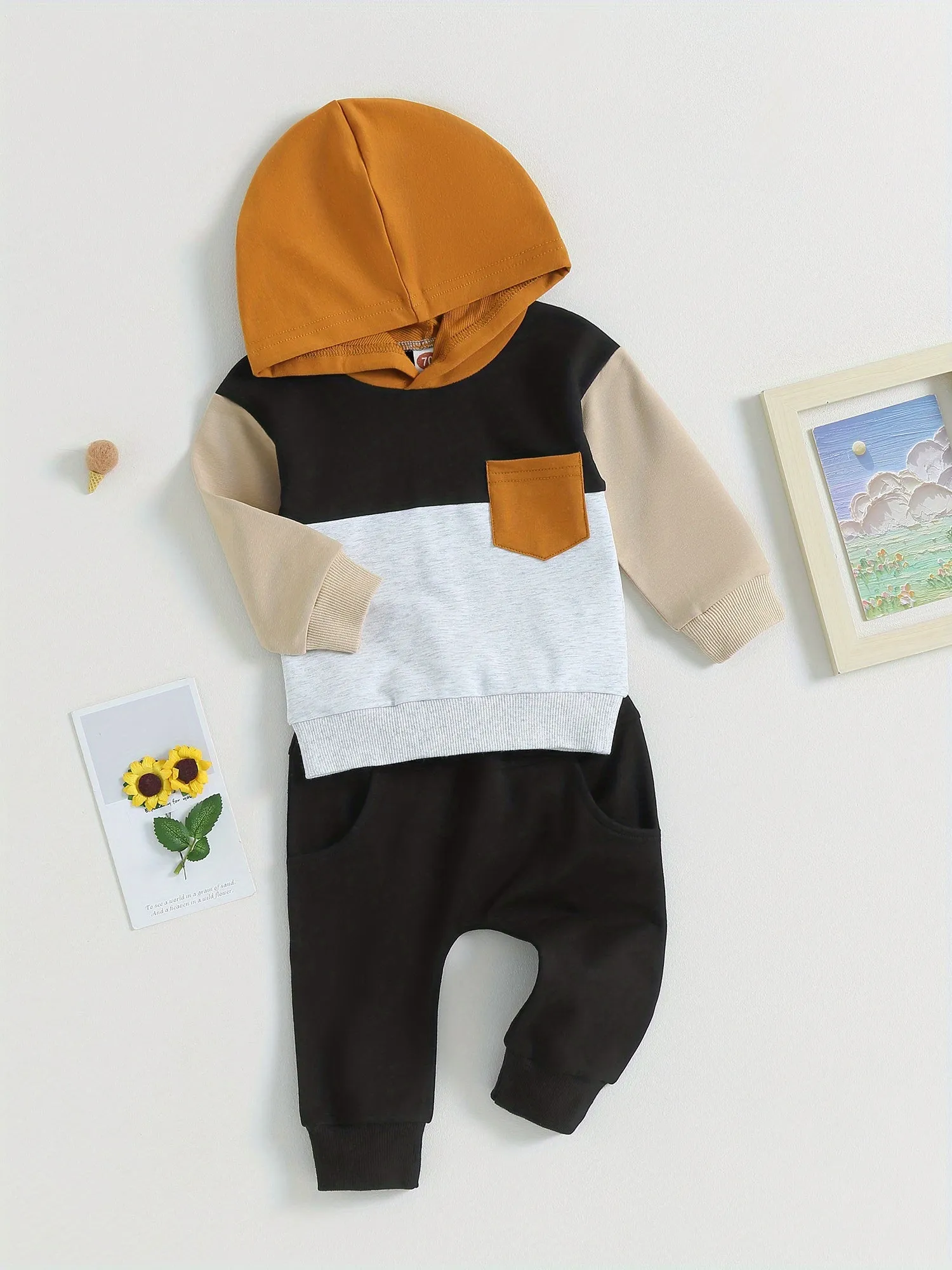 Baby Boys 2 Piece Outfits Contrast Color Knitted Long Sleeve Hoodie Sweatshirt and Elastic Pants Spring Clothes for Toddler