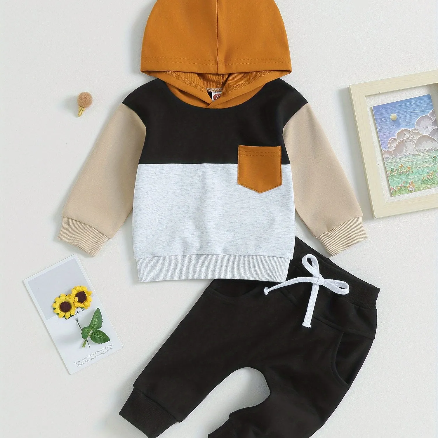 Baby Boys 2 Piece Outfits Contrast Color Knitted Long Sleeve Hoodie Sweatshirt and Elastic Pants Spring Clothes for Toddler