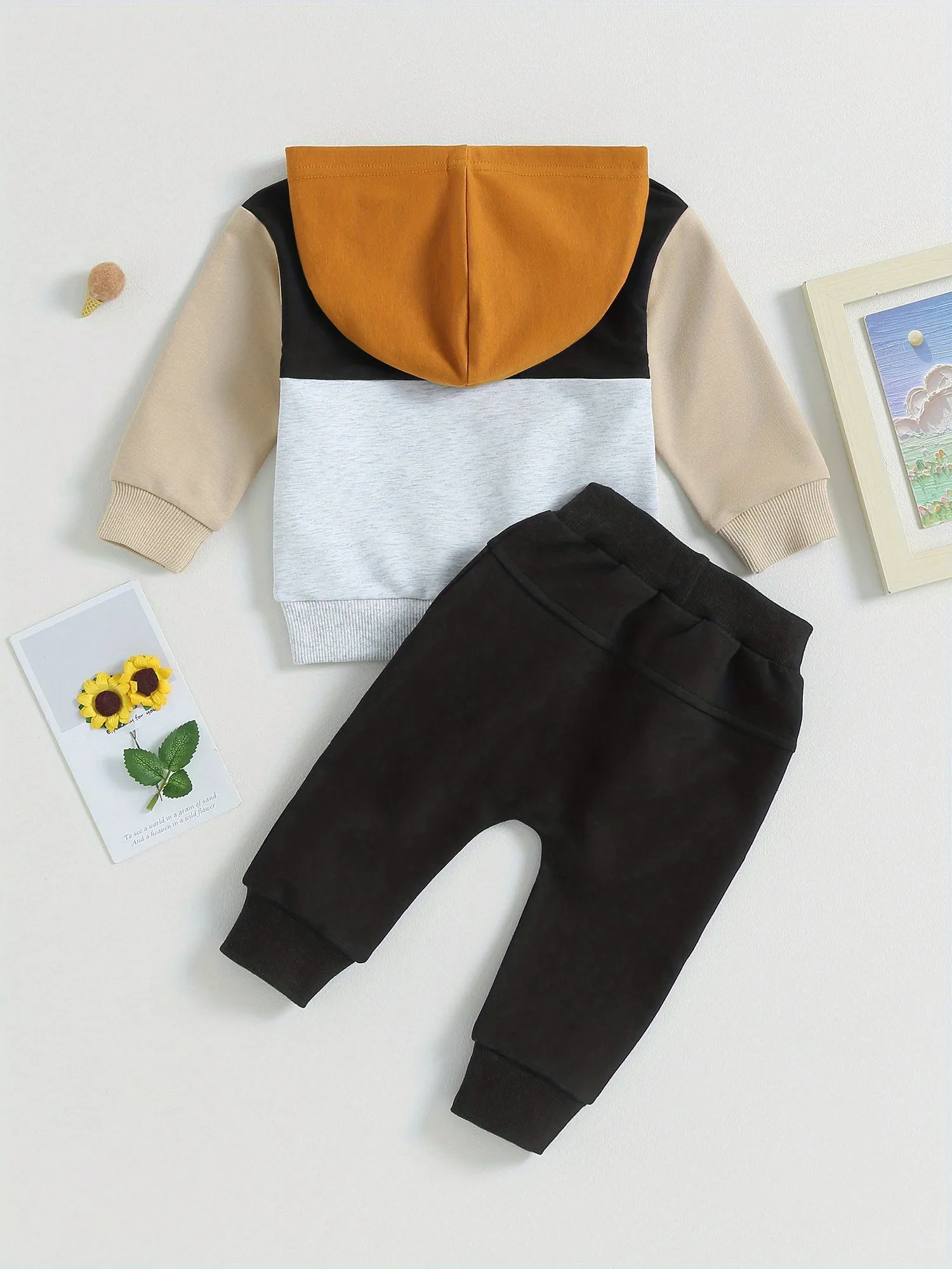 Baby Boys 2 Piece Outfits Contrast Color Knitted Long Sleeve Hoodie Sweatshirt and Elastic Pants Spring Clothes for Toddler