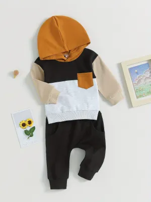 Baby Boys 2 Piece Outfits Contrast Color Knitted Long Sleeve Hoodie Sweatshirt and Elastic Pants Spring Clothes for Toddler