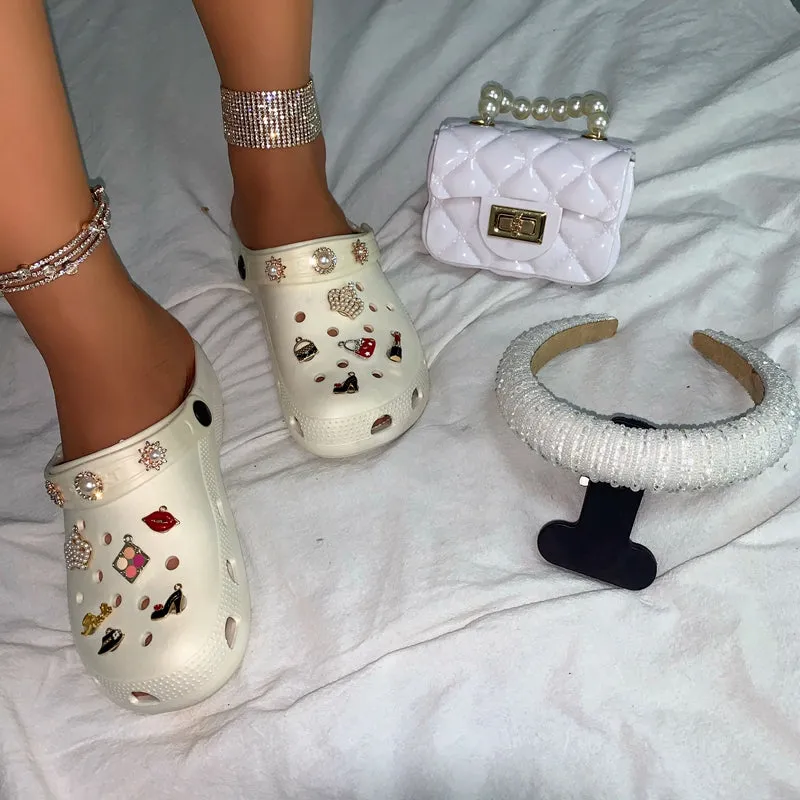 Beaded Decoration Breathable Clogs & Clutch Bags & Hair Bands Set (Sold Separately)