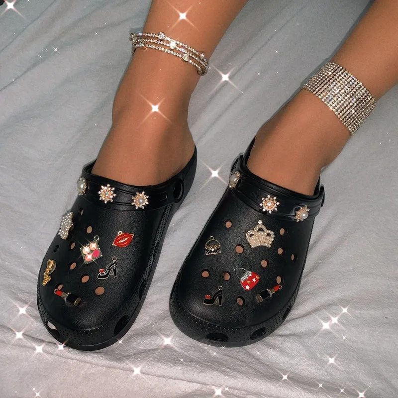 Beaded Decoration Breathable Clogs & Clutch Bags & Hair Bands Set (Sold Separately)