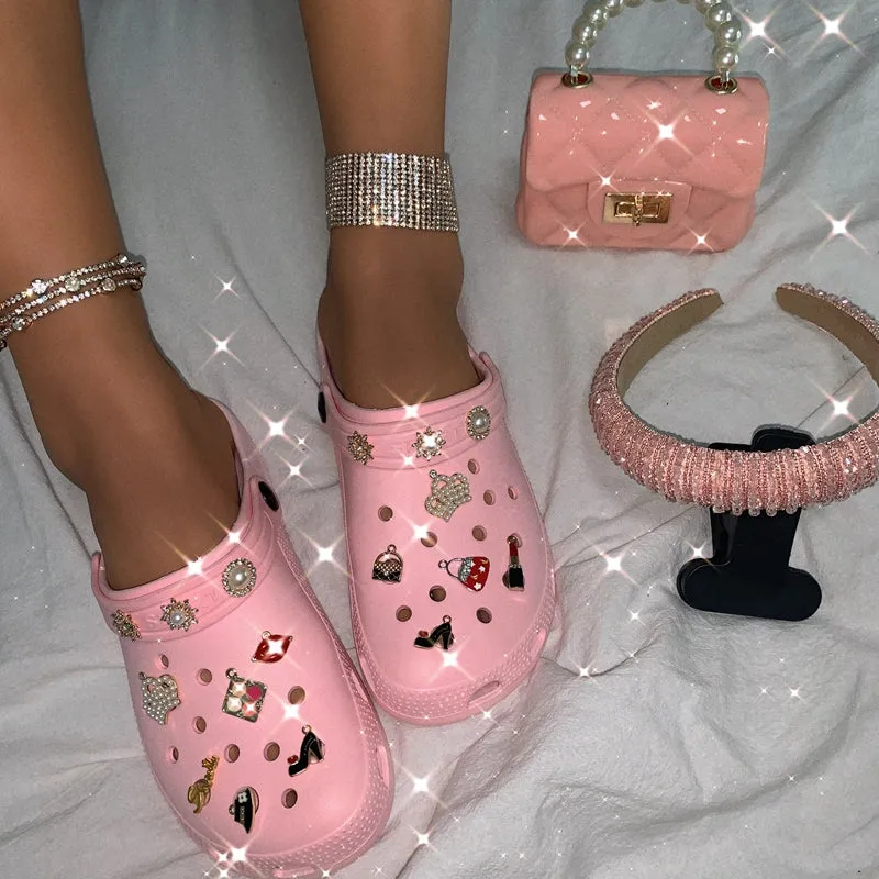 Beaded Decoration Breathable Clogs & Clutch Bags & Hair Bands Set (Sold Separately)