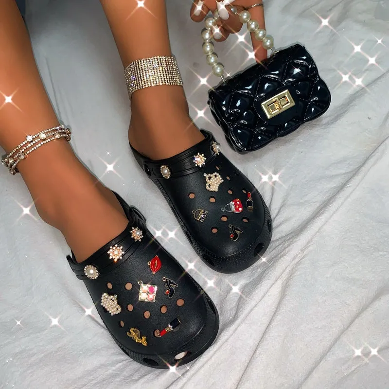 Beaded Decoration Breathable Clogs & Clutch Bags & Hair Bands Set (Sold Separately)