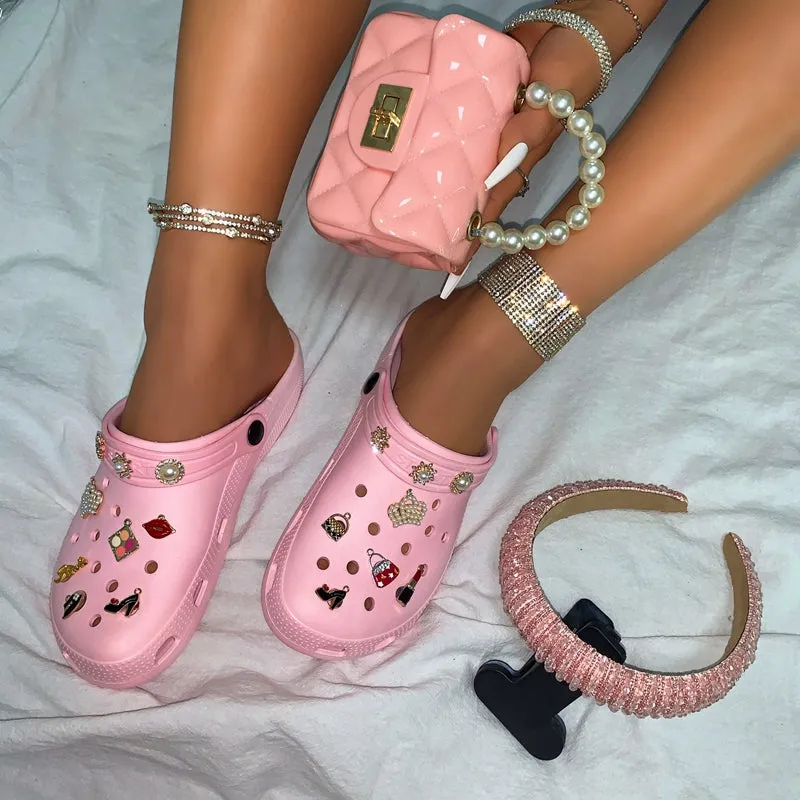 Beaded Decoration Breathable Clogs & Clutch Bags & Hair Bands Set (Sold Separately)