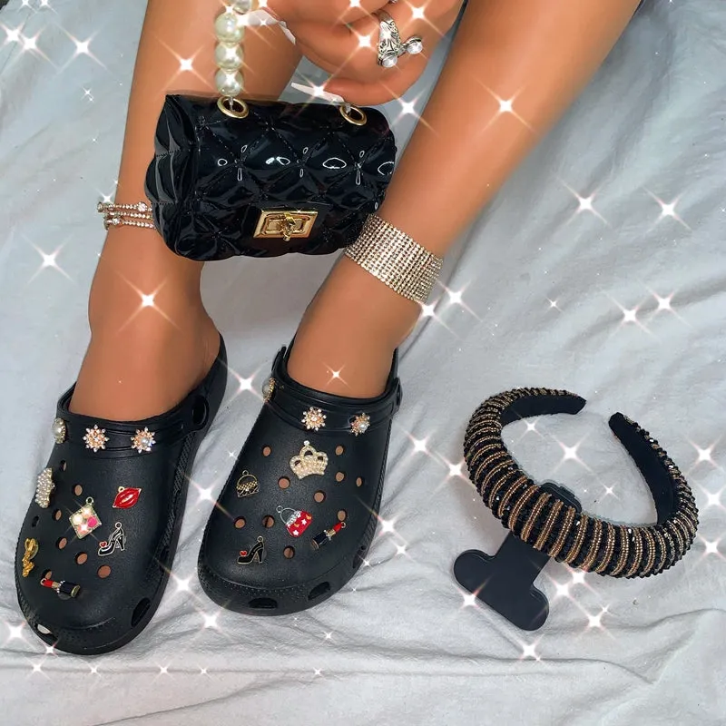 Beaded Decoration Breathable Clogs & Clutch Bags & Hair Bands Set (Sold Separately)