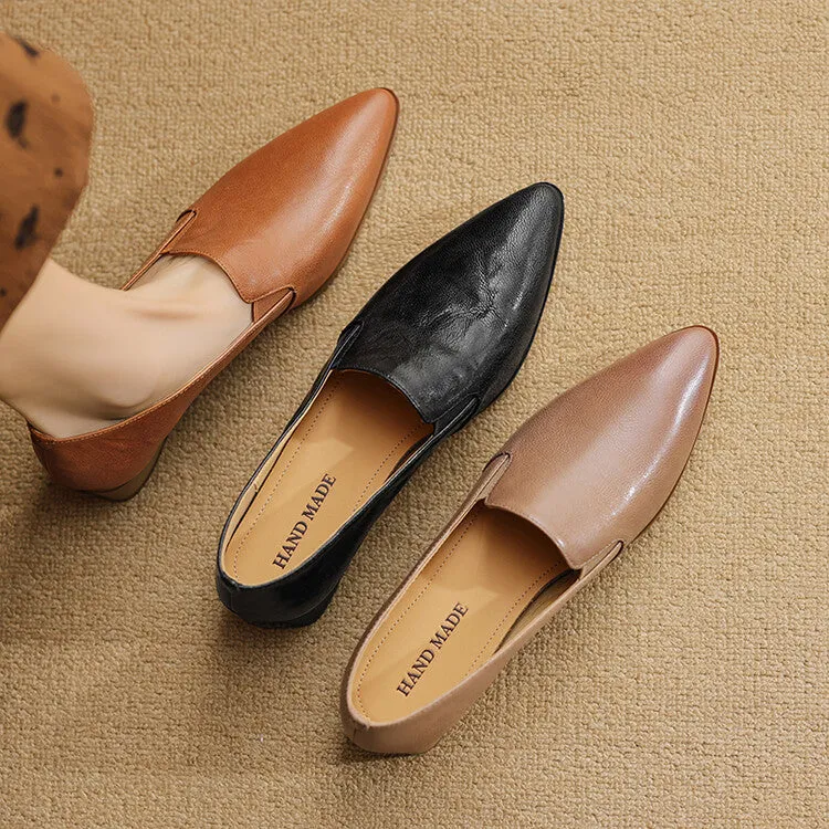 Beige Caramel Black Pointed Toe Loafers #001134