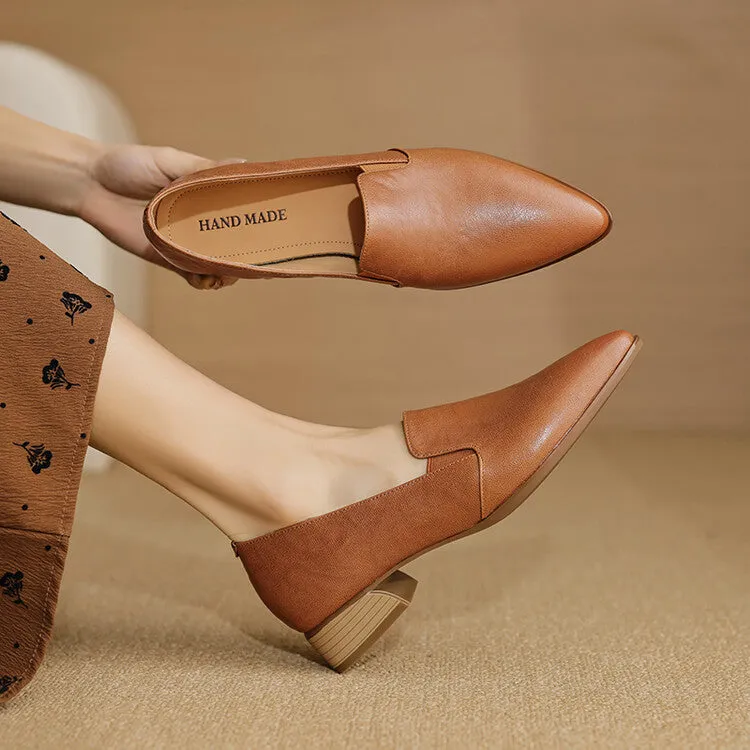 Beige Caramel Black Pointed Toe Loafers #001134
