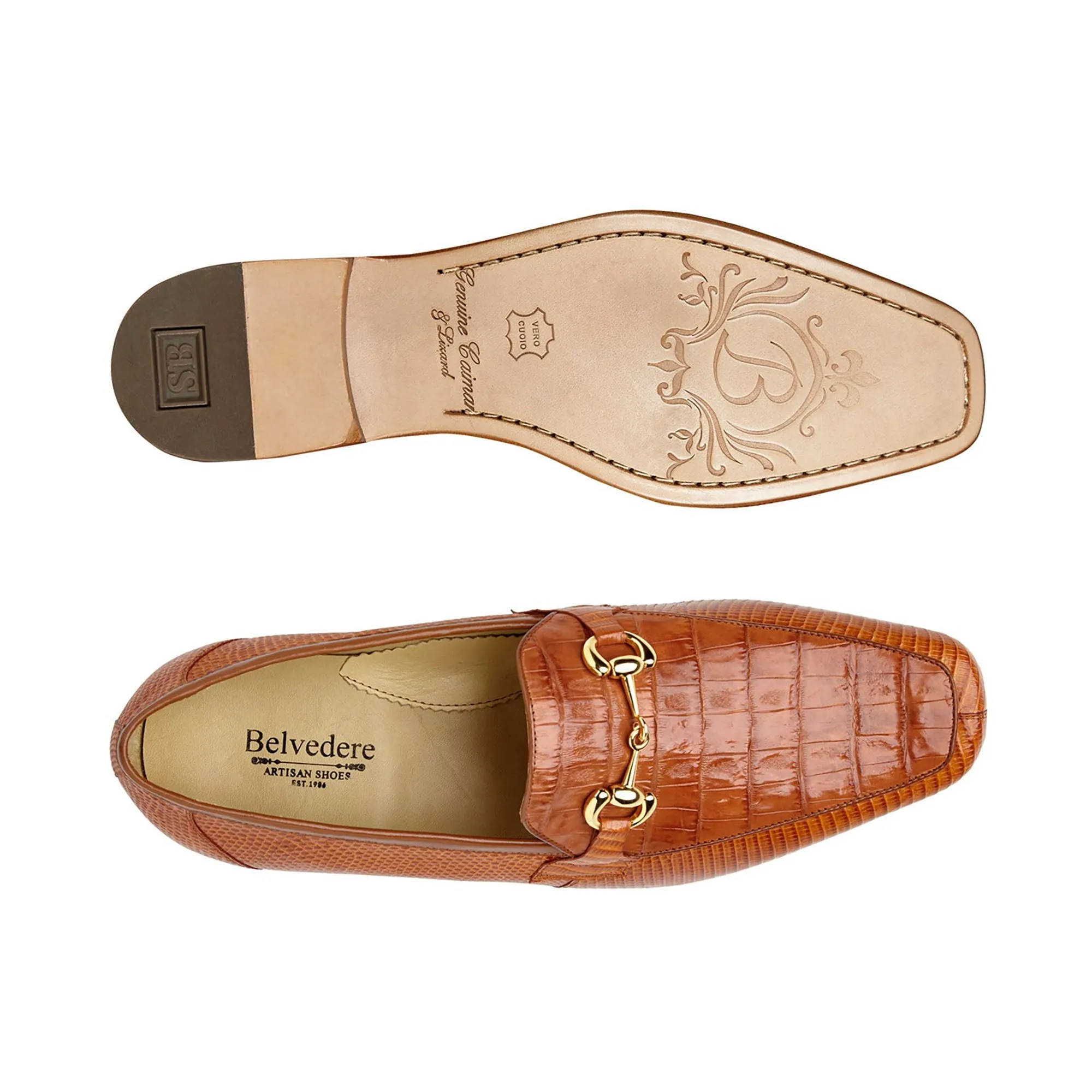 Belvedere Udine in Antique Brandy Genuine Caiman Crocodile and Lizard Loafers