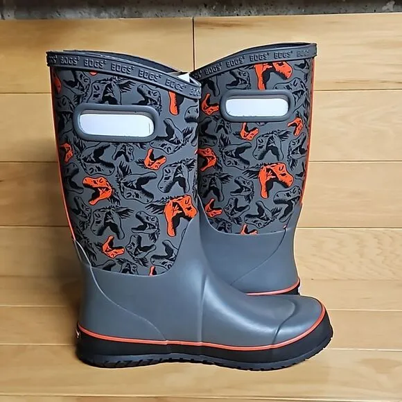 BOGS Rain Boots Cool Dinos Dinosaur Boys Girls Waterproof Shoe Gray Black