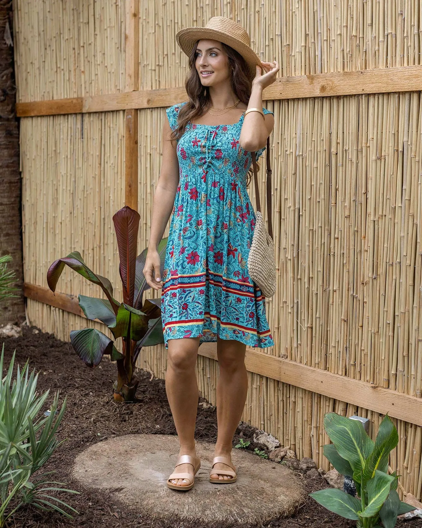 Border Print Smocked Dress in Blue Floral Print