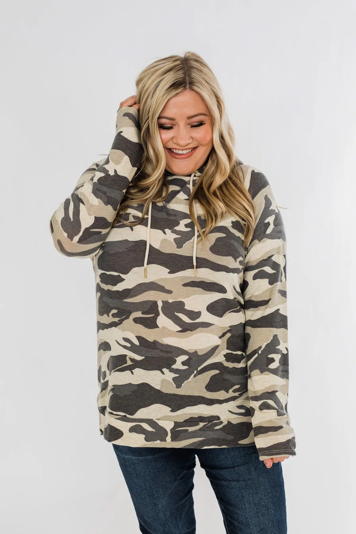 Captivating In Camo Drawstring Hoodie- Grey Camo