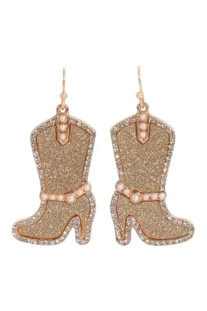 Cowgirl Boots Sandsticker with Pearl and Rhinestones Dangle Hook Earrings Gold - Pack of 6