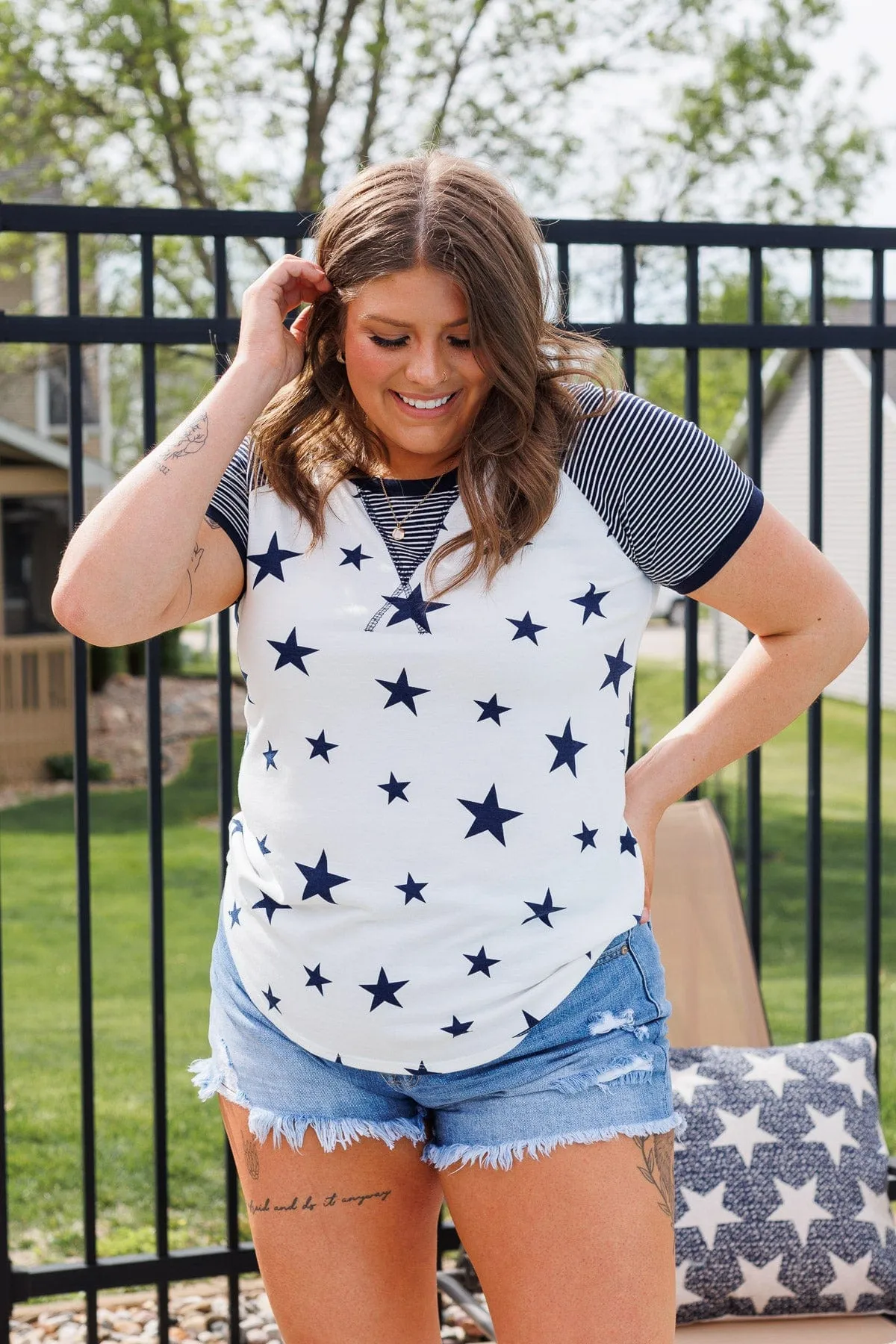 Cue The Sparklers Short Sleeve Top- Navy & White