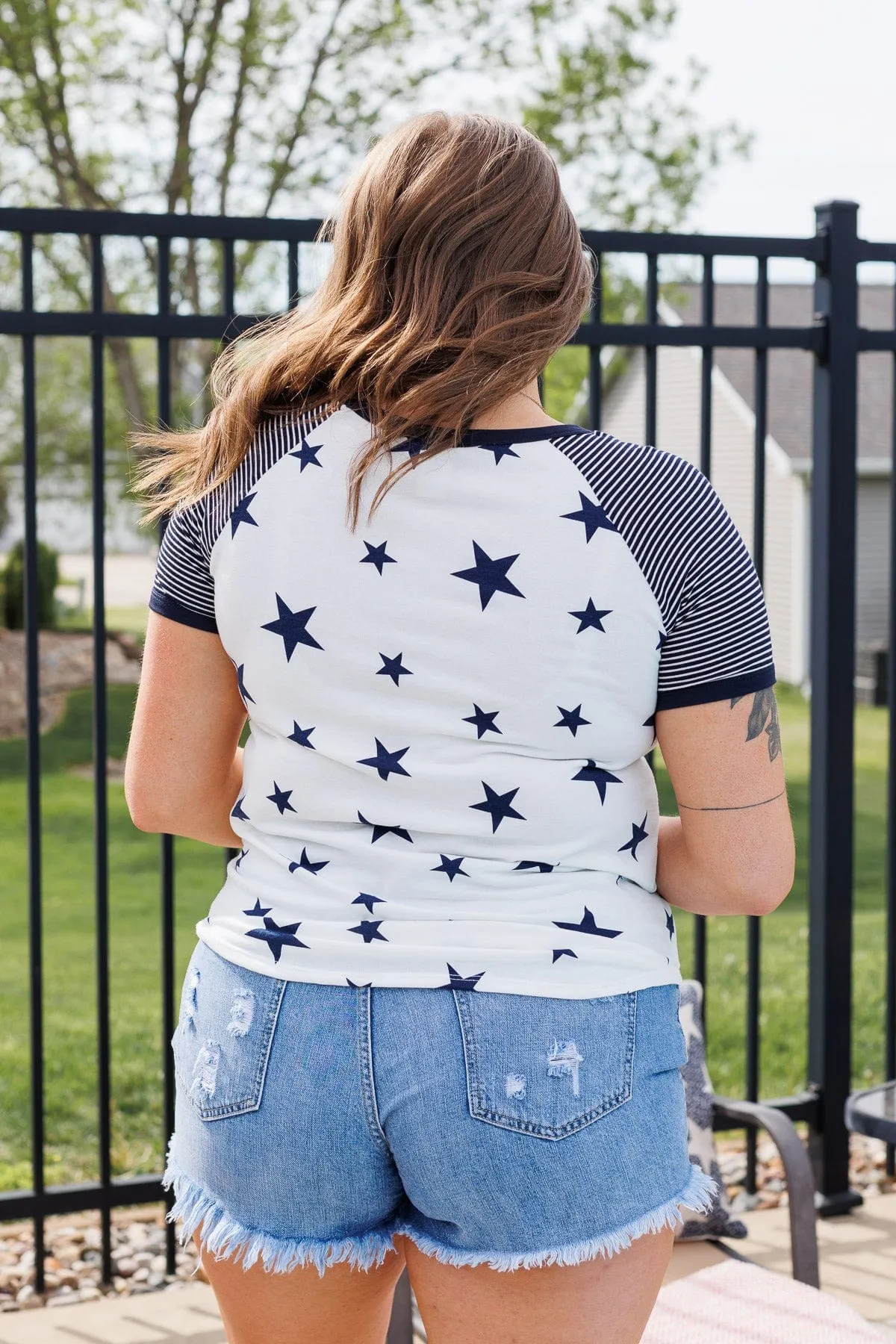 Cue The Sparklers Short Sleeve Top- Navy & White