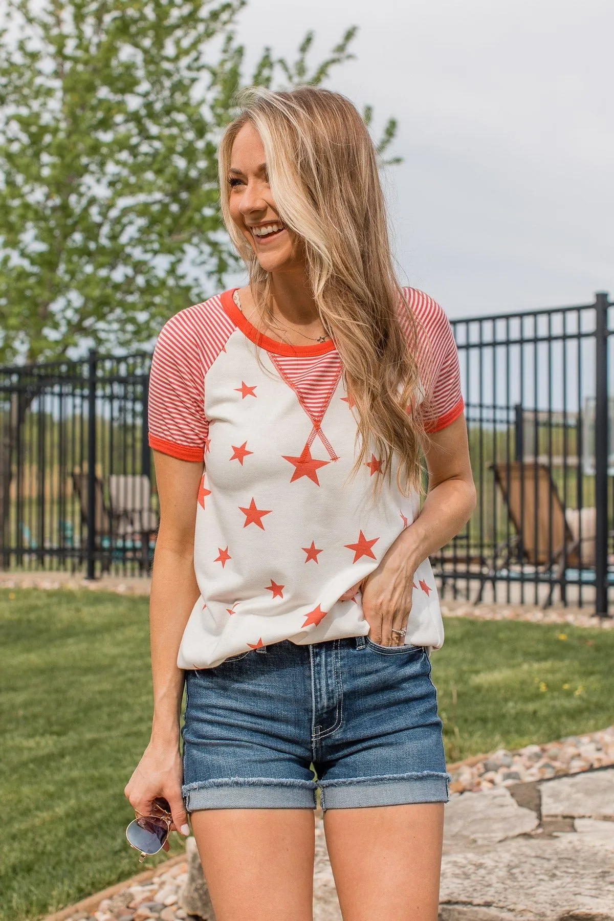 Cue The Sparklers Short Sleeve Top- Red & White