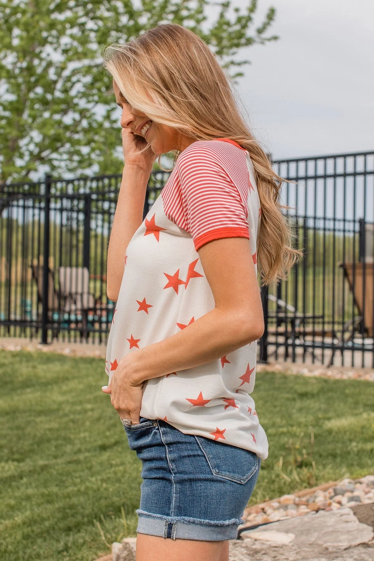 Cue The Sparklers Short Sleeve Top- Red & White