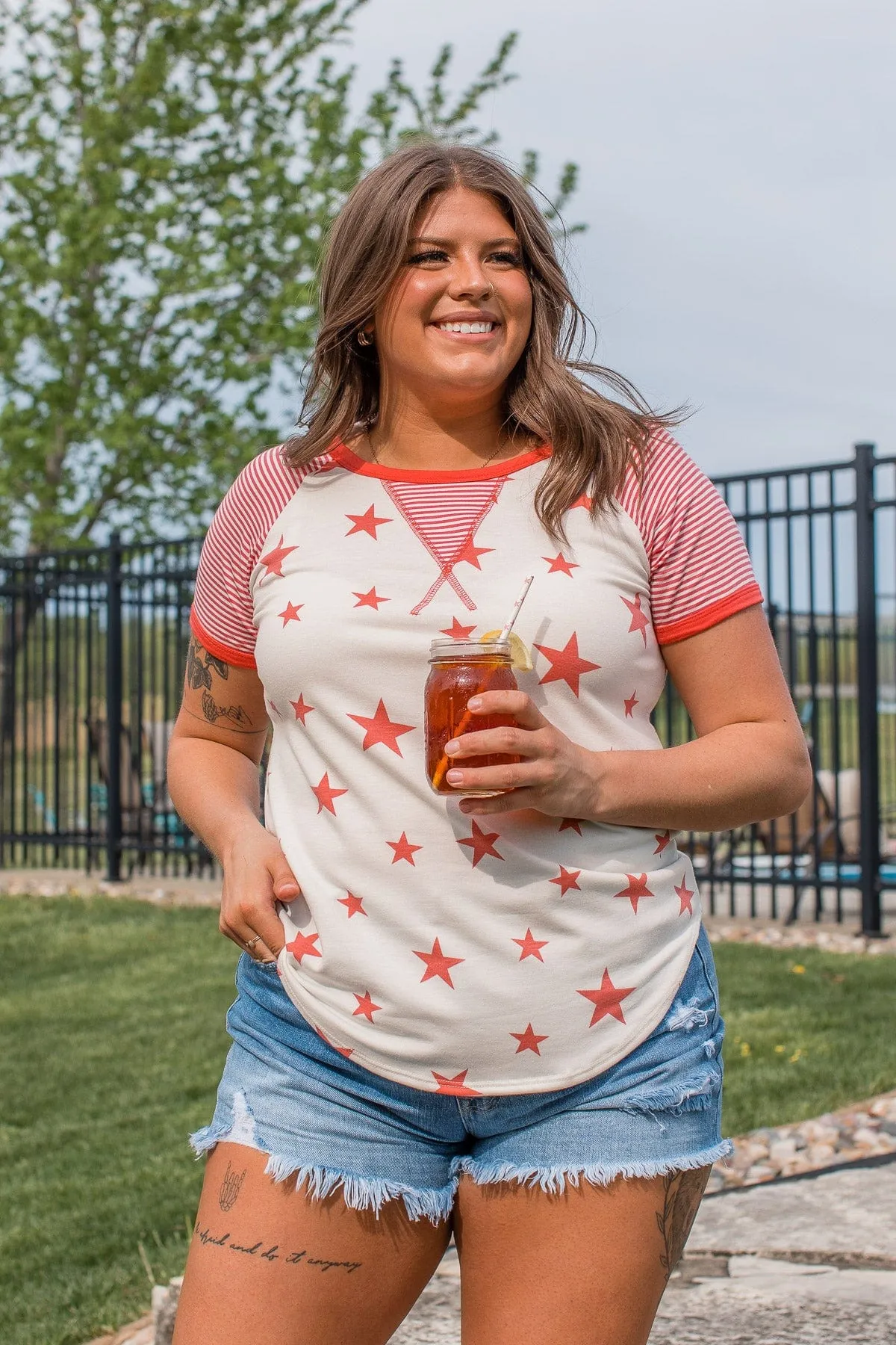 Cue The Sparklers Short Sleeve Top- Red & White