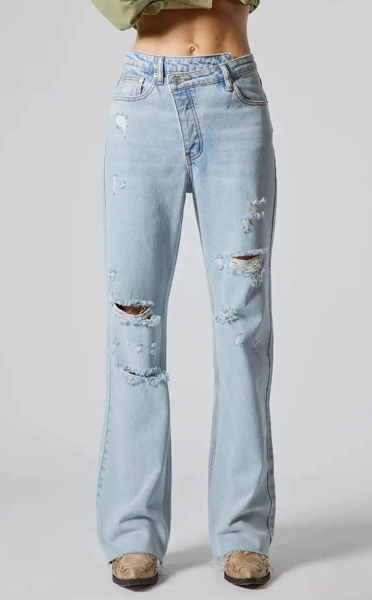 Distressed Cross Button Down Waistband Jeans