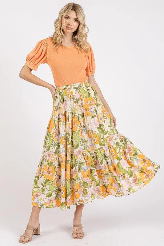 Flower Print Elastic Waist Tiered Skirt