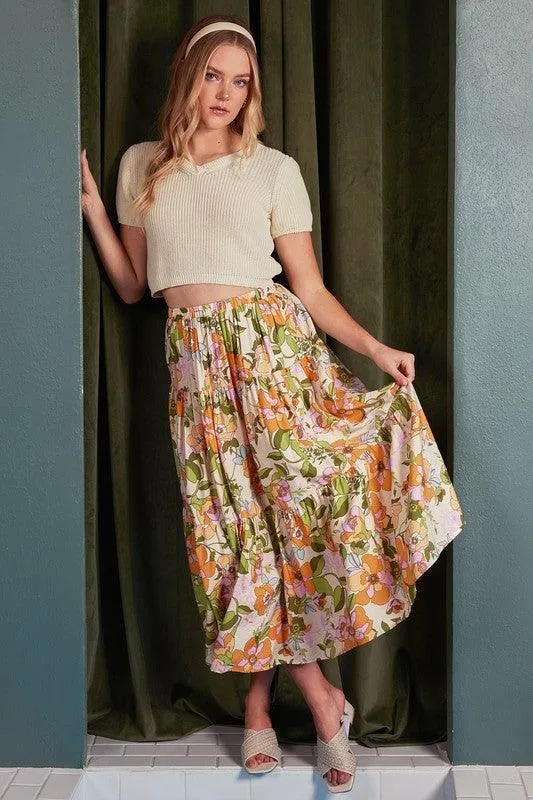 Flower Print Elastic Waist Tiered Skirt