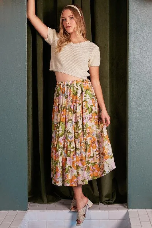 Flower Print Elastic Waist Tiered Skirt