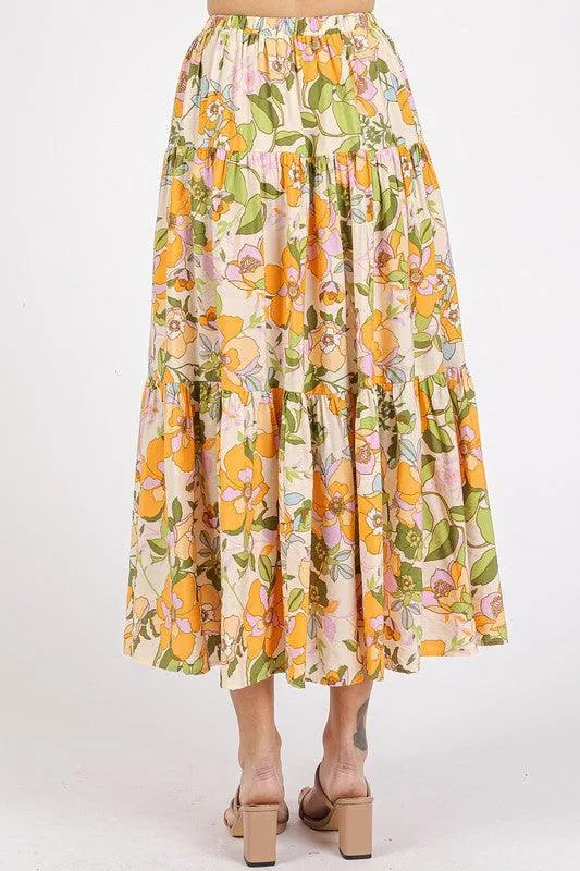 Flower Print Elastic Waist Tiered Skirt