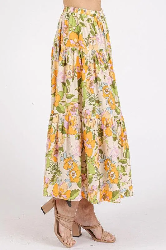 Flower Print Elastic Waist Tiered Skirt