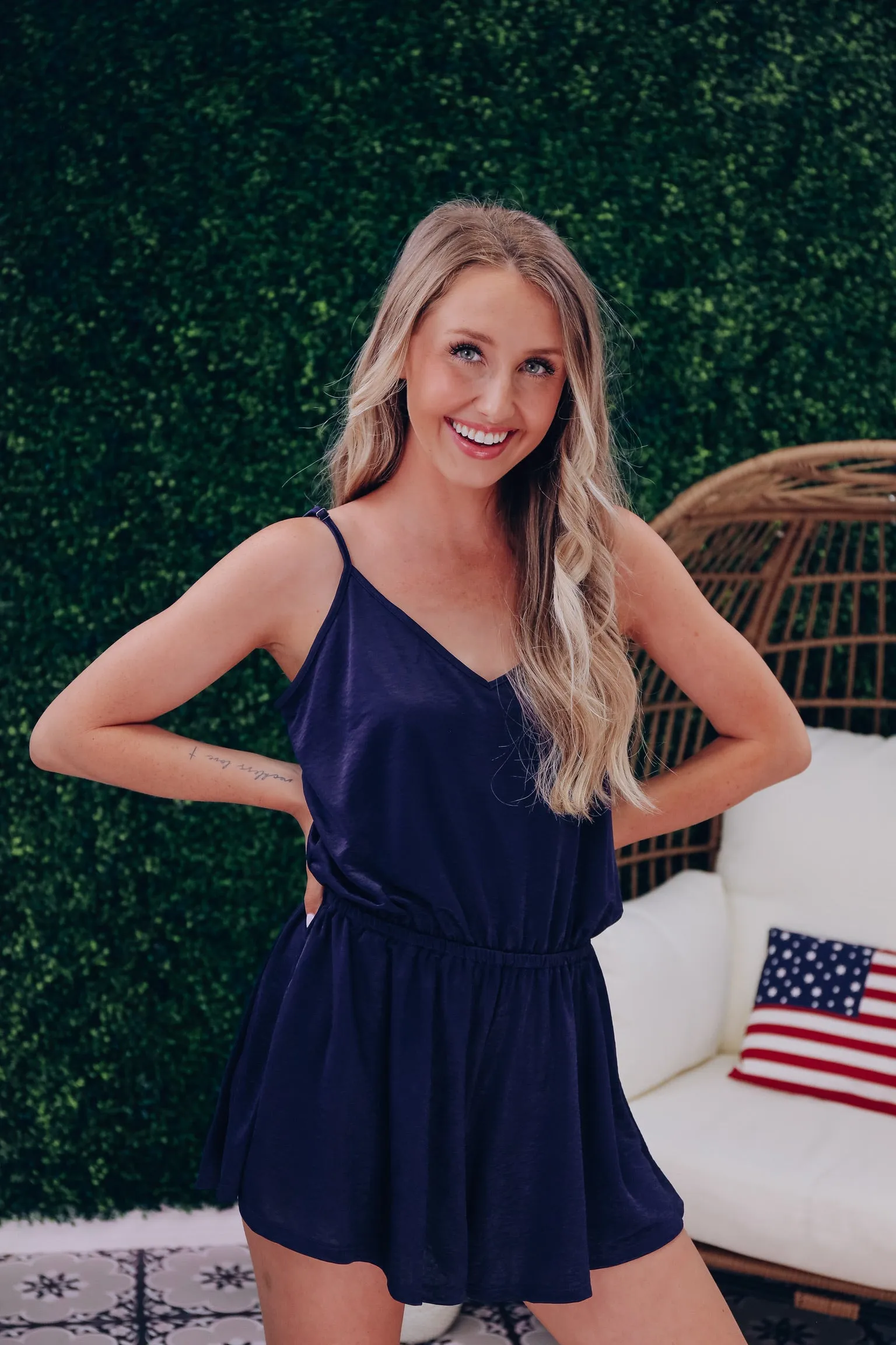 Free Flowing Satin Crepe Romper - Navy