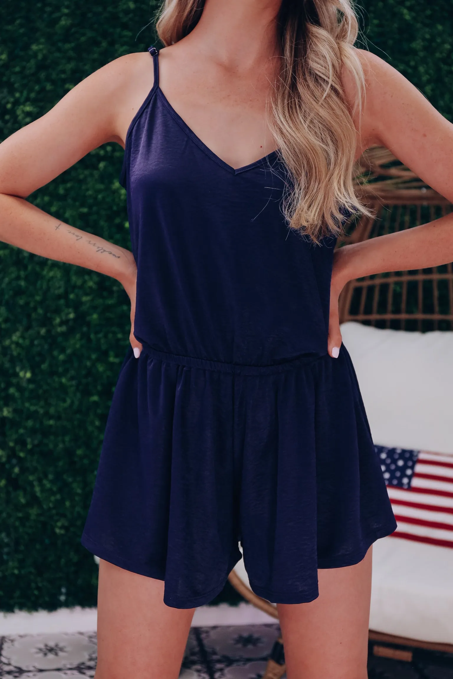 Free Flowing Satin Crepe Romper - Navy