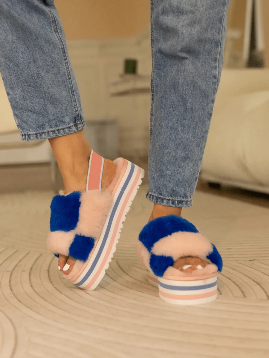 Harmony Contrast Woolen Platform Slipper - Pink