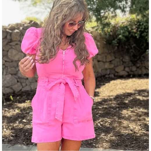 Hendrix Pink Washed Zip Up Denim Romper