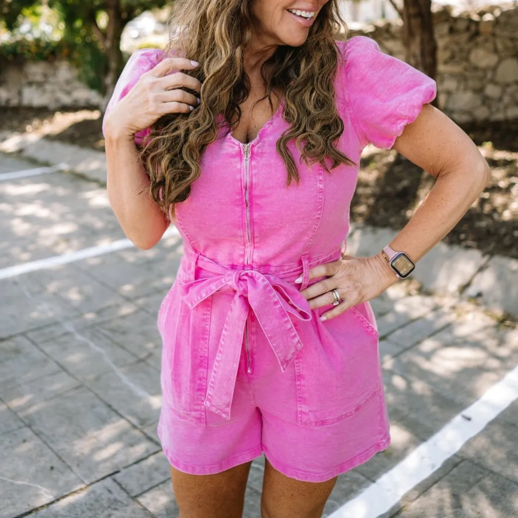 Hendrix Pink Washed Zip Up Denim Romper