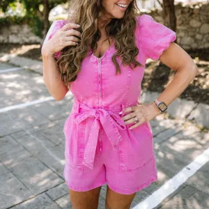 Hendrix Pink Washed Zip Up Denim Romper