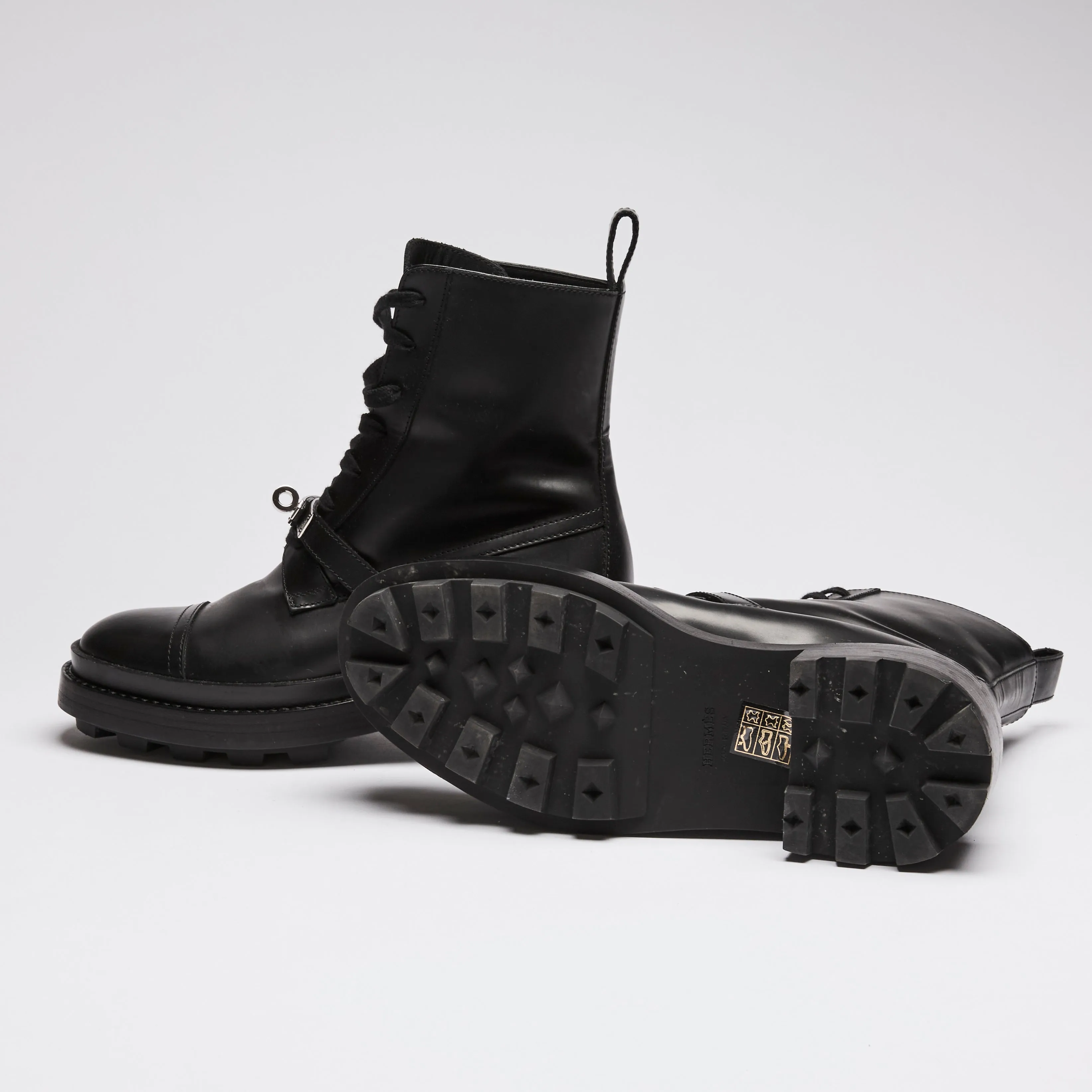 Hermes Black Leather Military Boots with Kelly Buckle Size 35