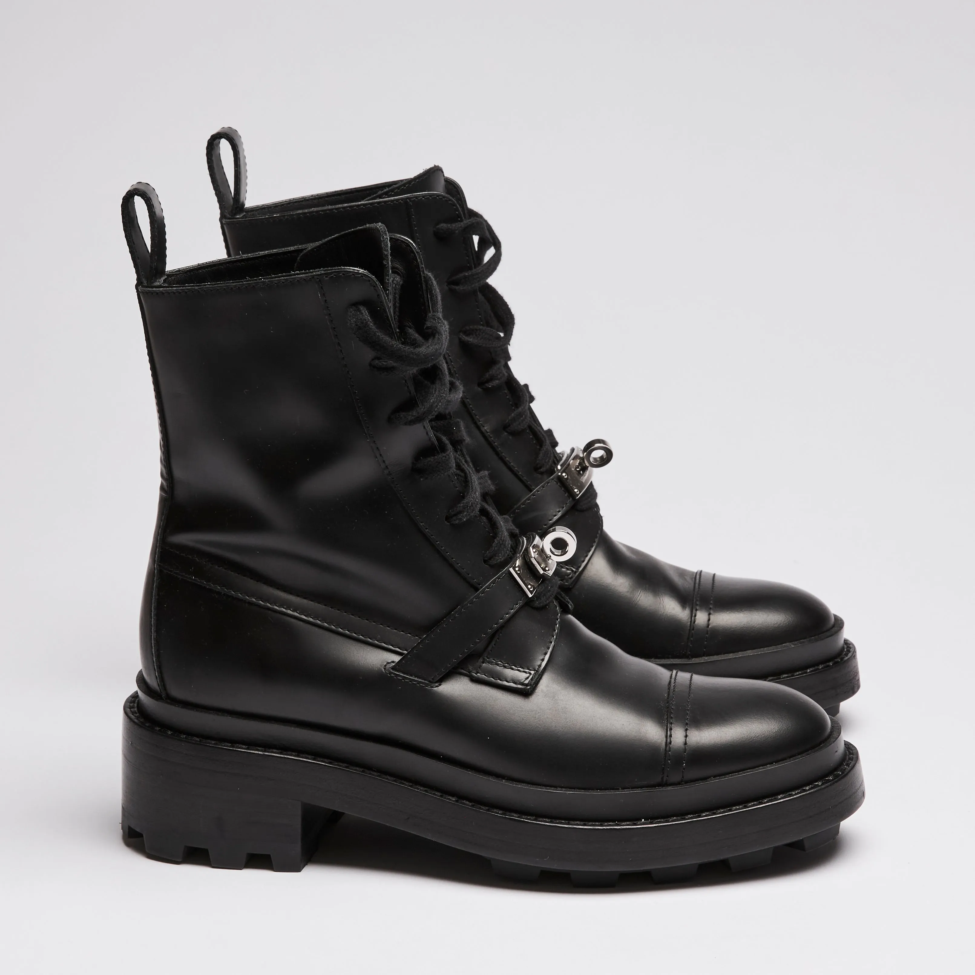 Hermes Black Leather Military Boots with Kelly Buckle Size 35