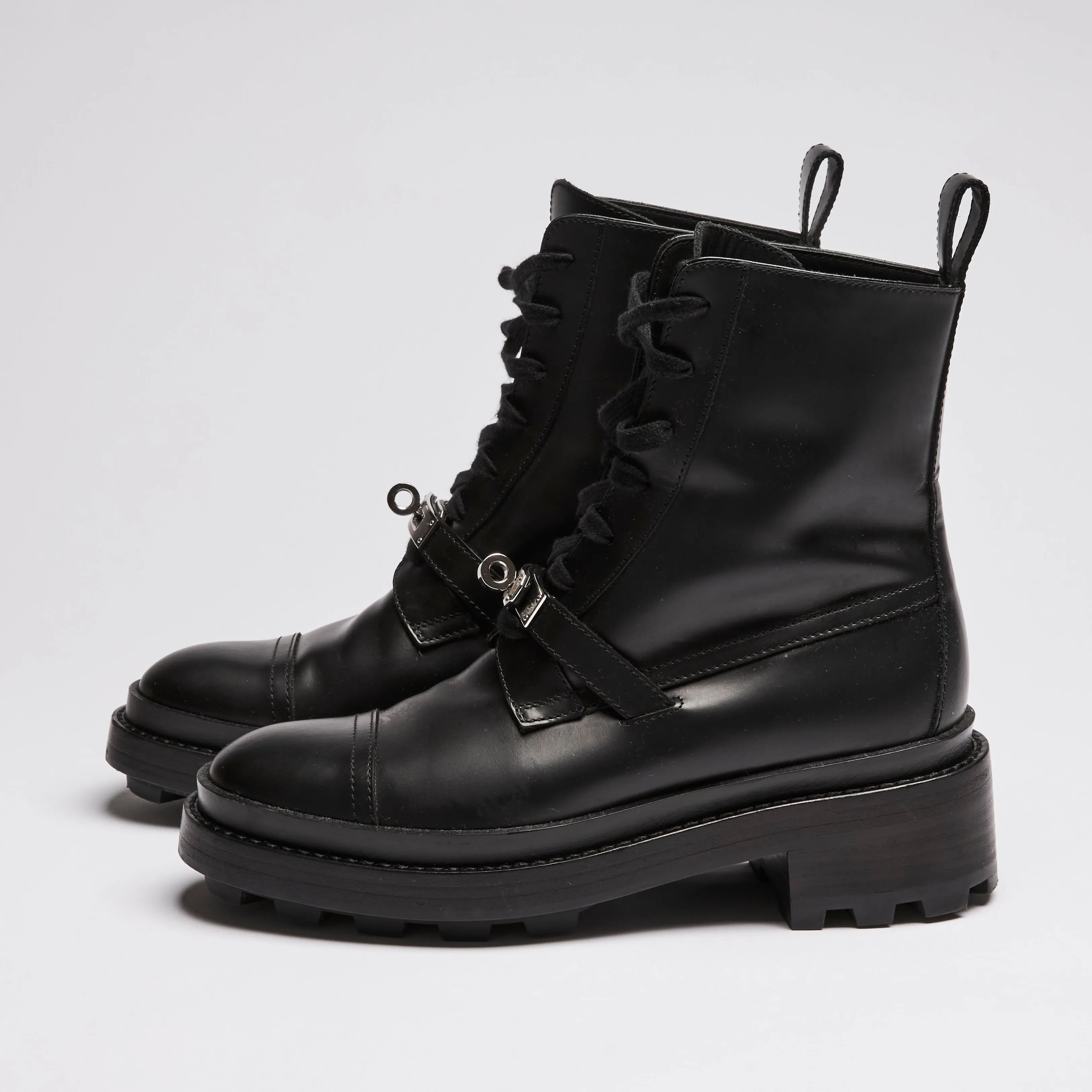Hermes Black Leather Military Boots with Kelly Buckle Size 35