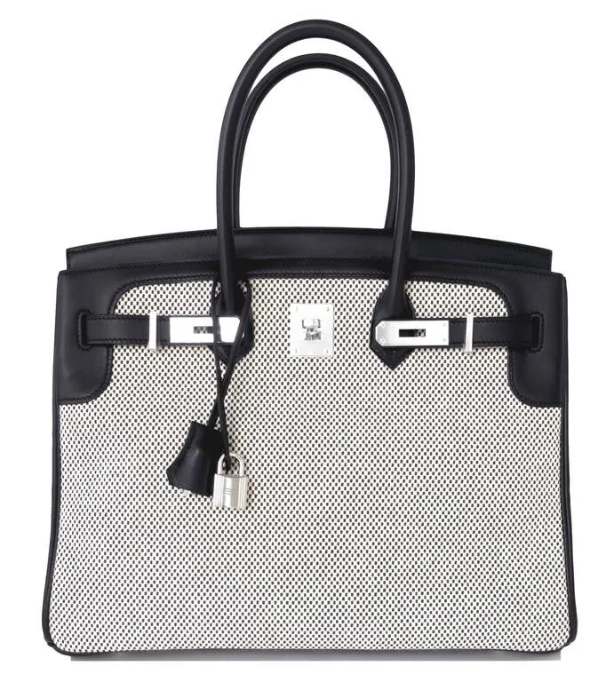 Hermes Black Swift Leather Criss Cross Ecru Graphite Toile 35cm Birkin