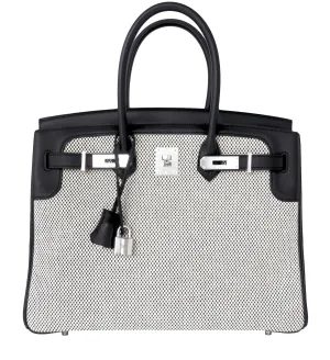 Hermes Black Swift Leather Criss Cross Ecru Graphite Toile 35cm Birkin