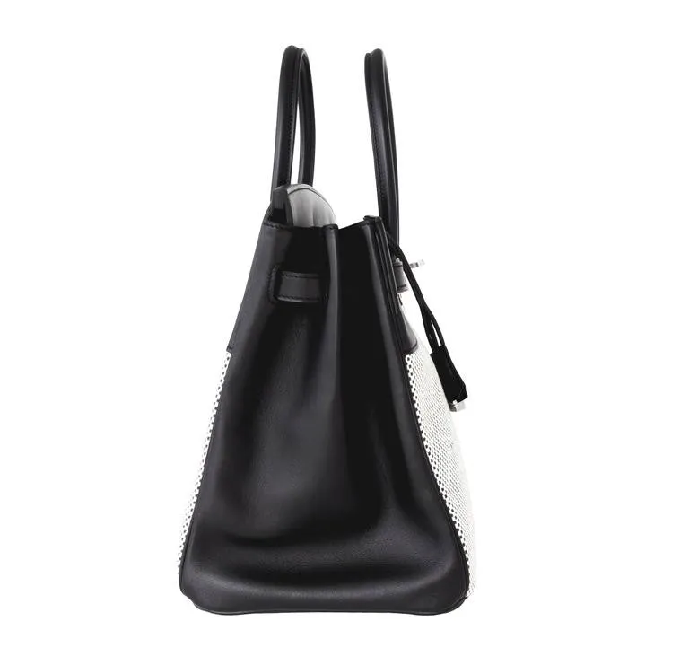Hermes Black Swift Leather Criss Cross Ecru Graphite Toile 35cm Birkin