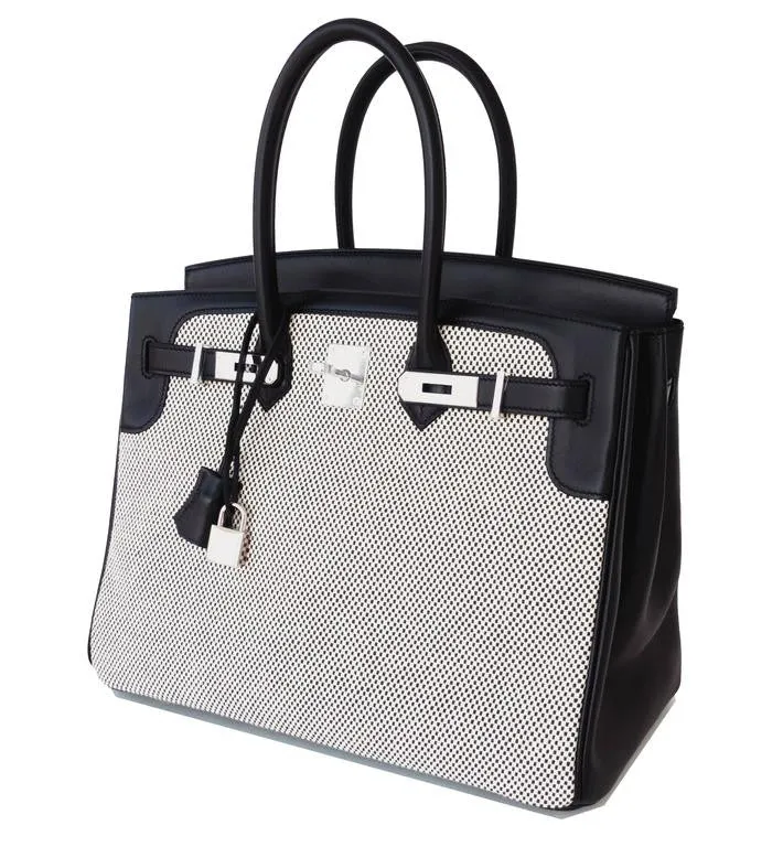 Hermes Black Swift Leather Criss Cross Ecru Graphite Toile 35cm Birkin
