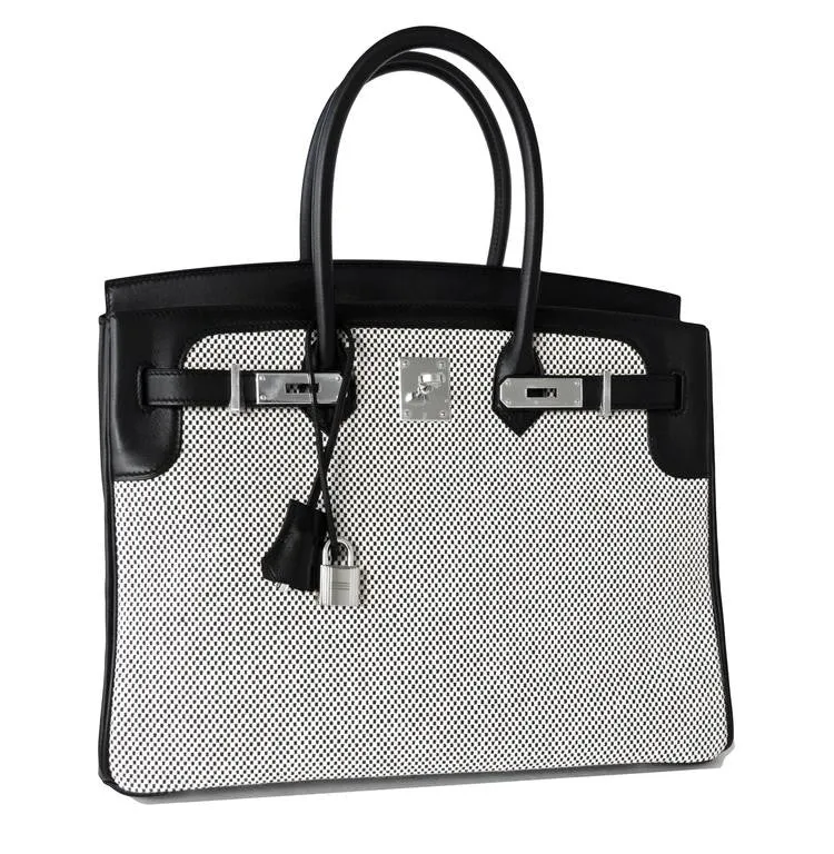 Hermes Black Swift Leather Criss Cross Ecru Graphite Toile 35cm Birkin