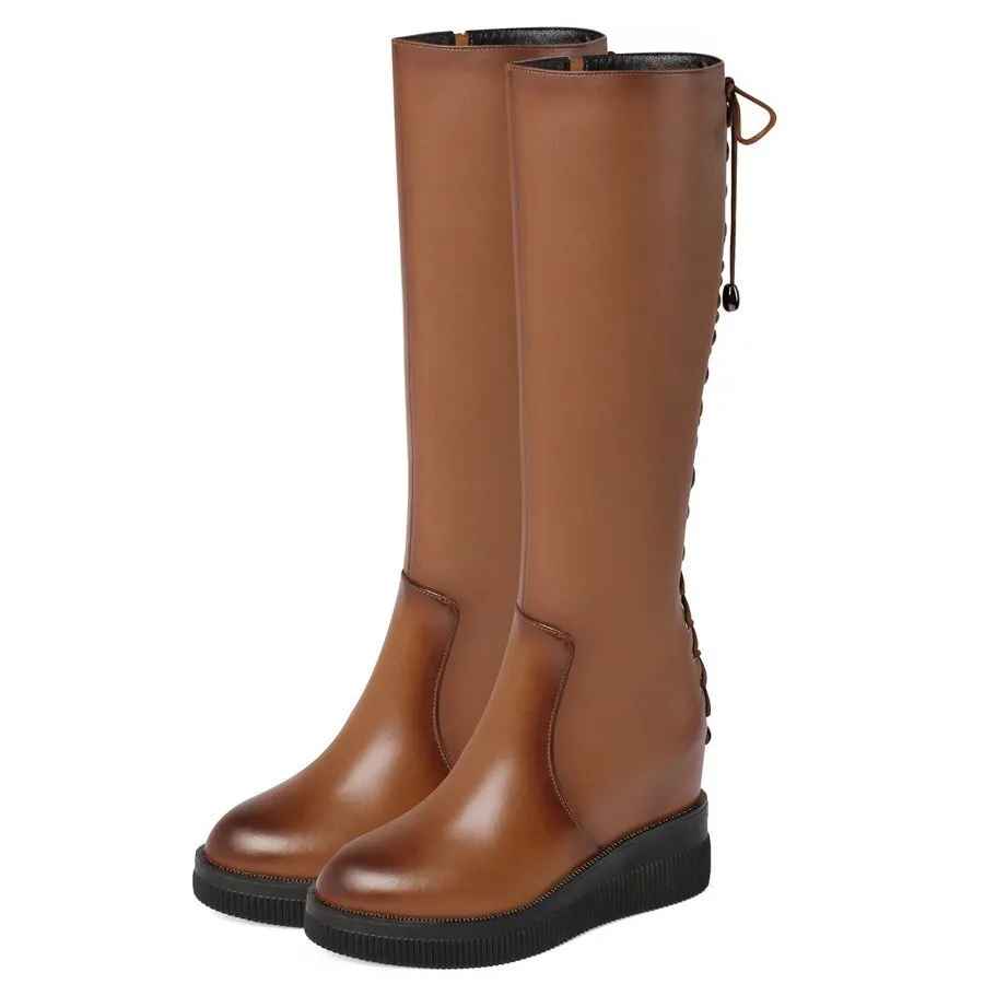 Knee High Military Boots Female Back Lace Up Round Toe Platform Pumps Shoes