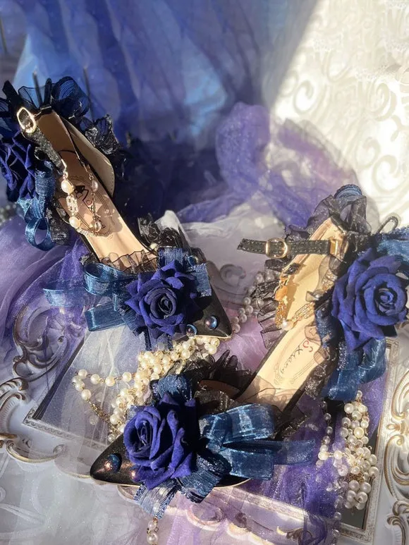 Lolita Wedding Dress Lolita Sandals Bows Flowers Pearls Pointed Toe Elastic Fabric Deep Blue Lolita Summer Shoes