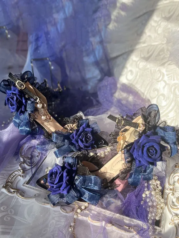 Lolita Wedding Dress Lolita Sandals Bows Flowers Pearls Pointed Toe Elastic Fabric Deep Blue Lolita Summer Shoes