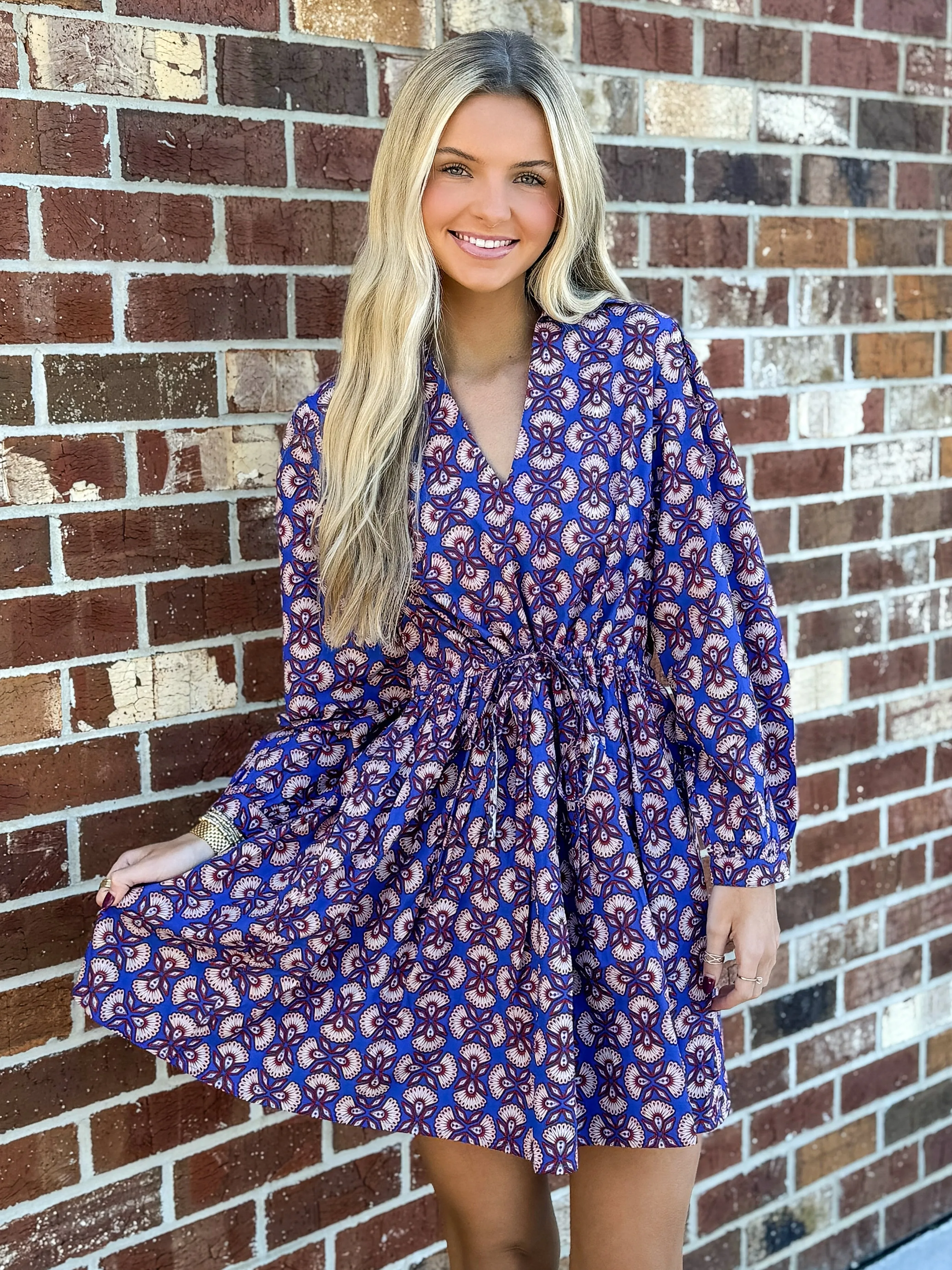 Long Sleeve Daphne Dress (Sapphire Feather)